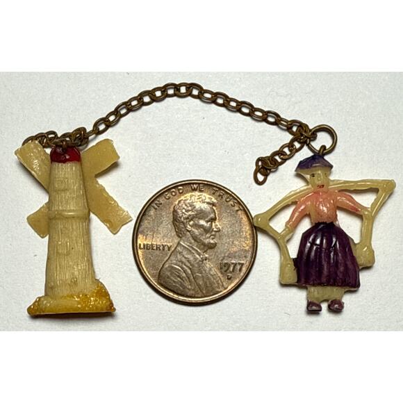 Vintage Dutch Inspired Cracker Jack Charms Windmill & Carrying Water Buckets 1G